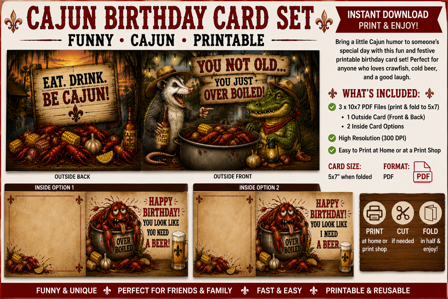 🦞 Cajun Birthday Card Set – Funny Printable Birthday Card (Instant Download)