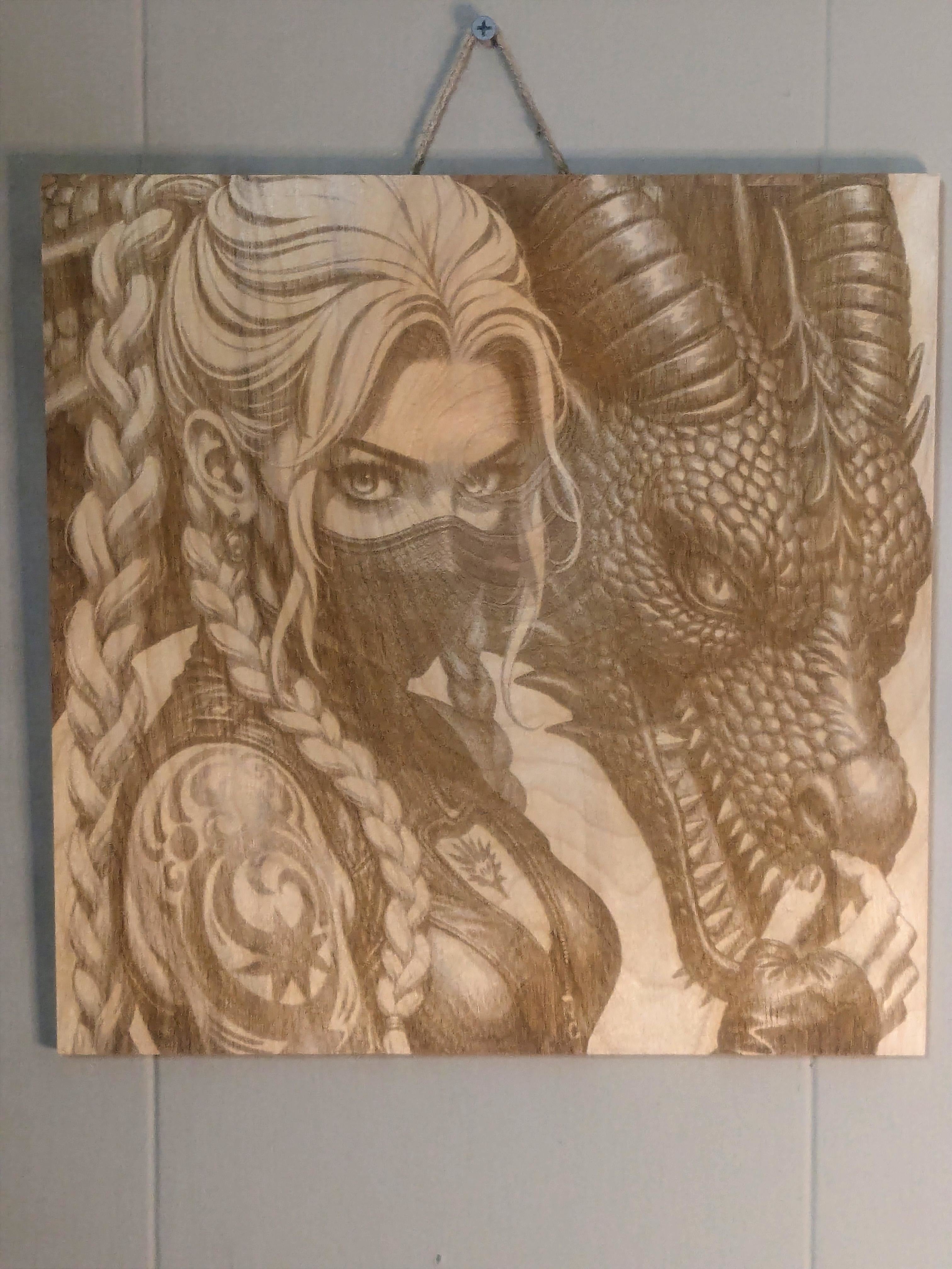 The Dragon’s Shadow – Fantasy Heroine Wood-Burned Art