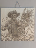 Eternal Harmony – Skeleton Musician Wood-Burned Art