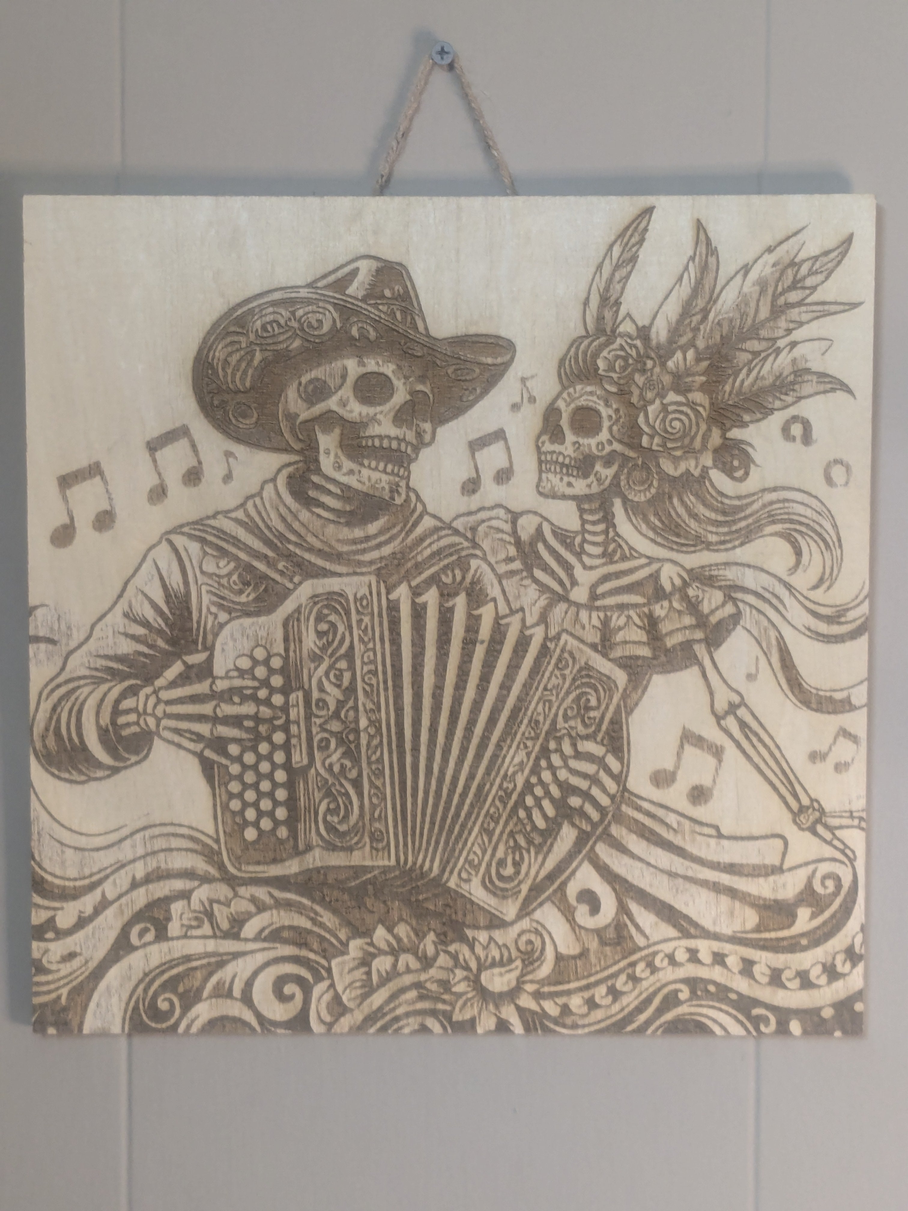 Eternal Harmony – Skeleton Musician Wood-Burned Art