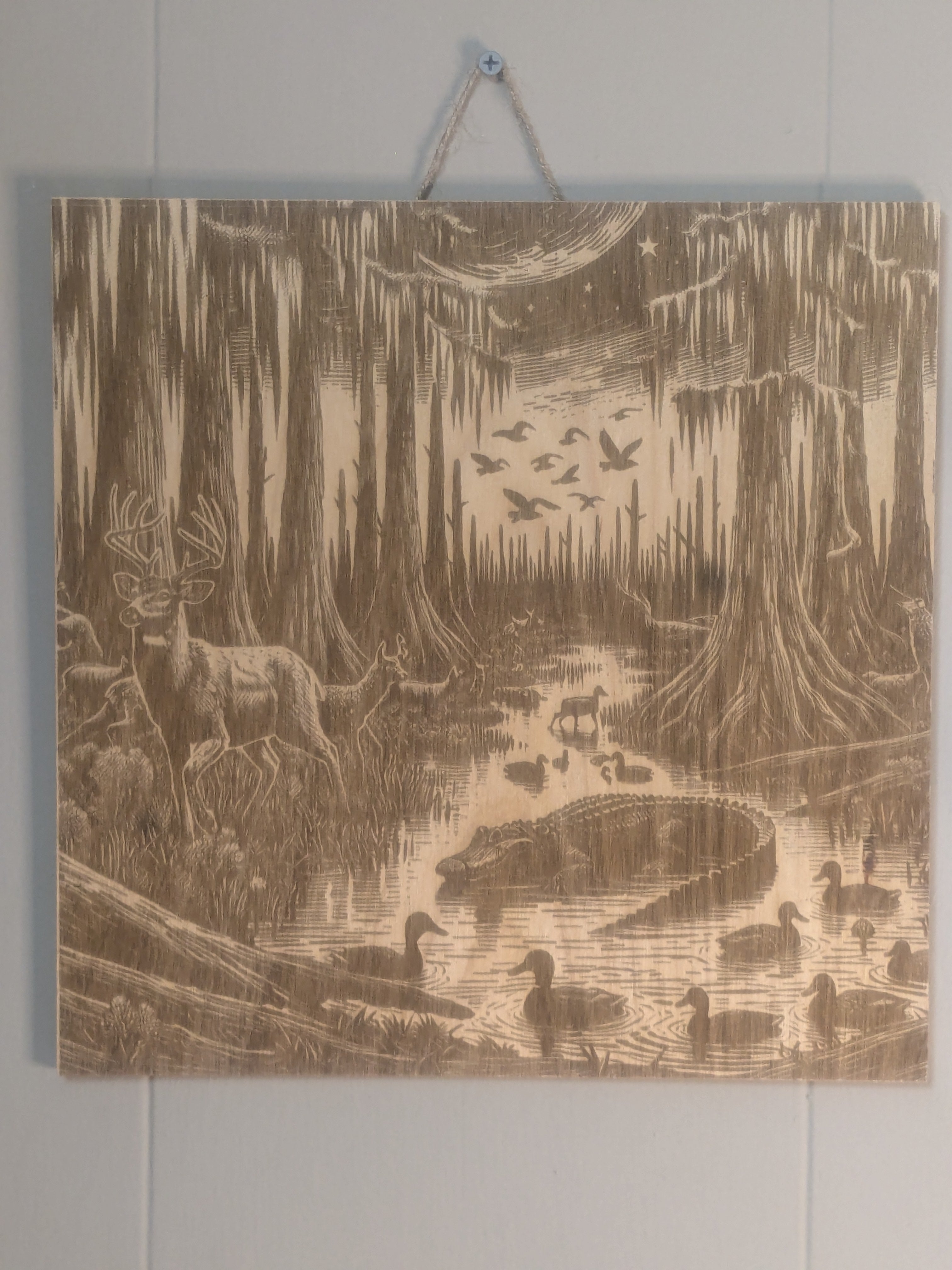 Bayou Dawn – Intricate Wilderness Wood-Burned Art