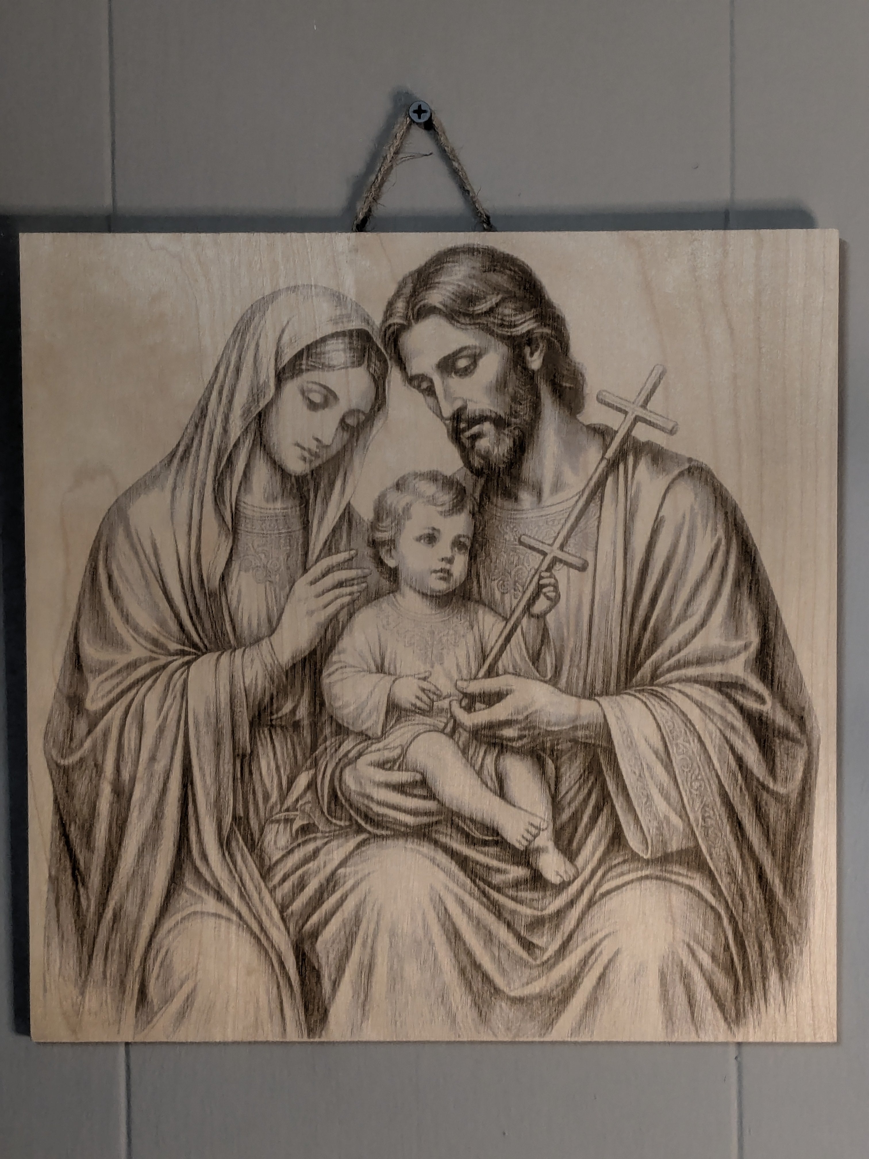 The Holy Family Engraved Wood Wall Art – Jesus, Mary, and Joseph Devotional Plaque