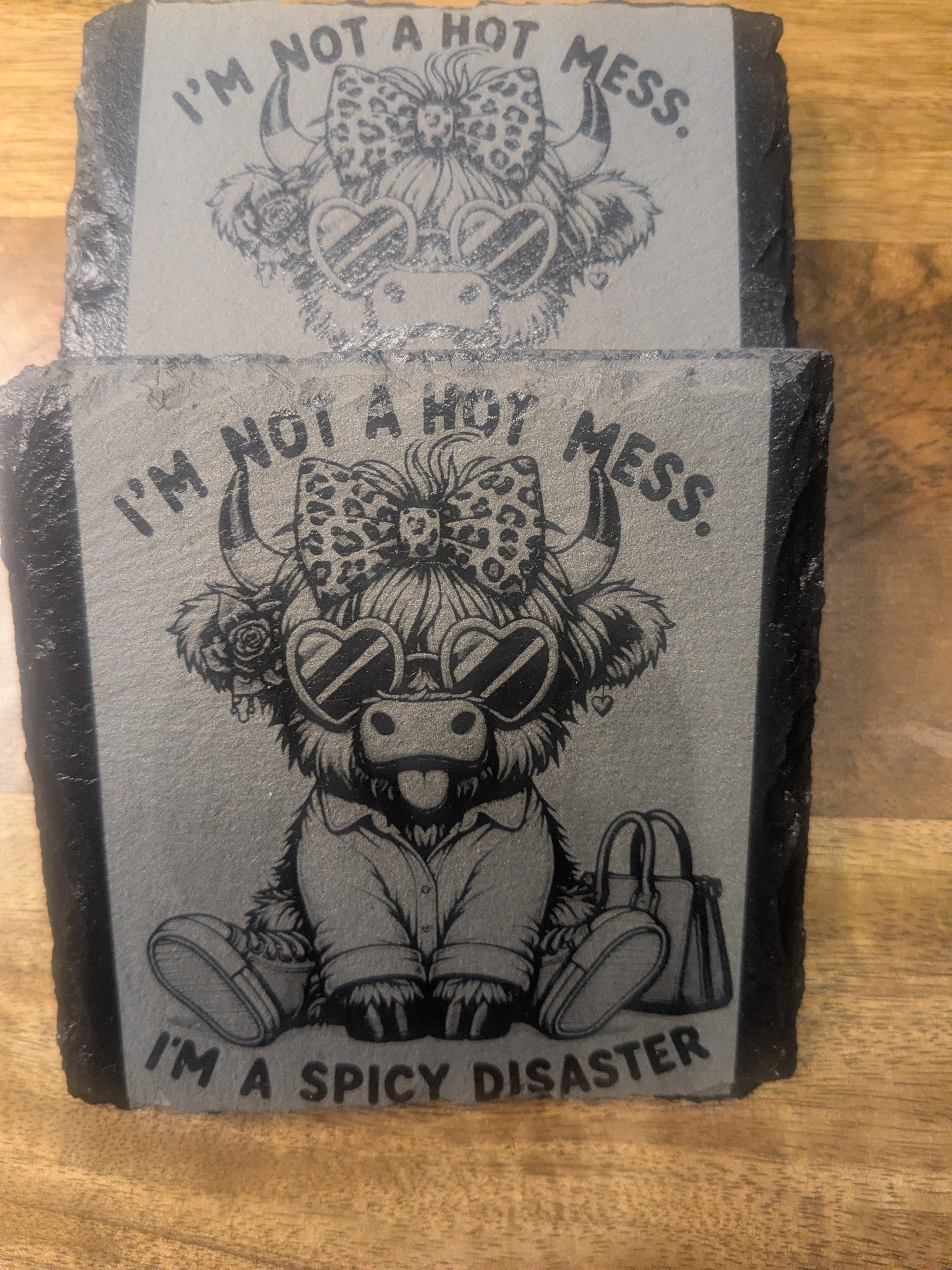 "Spicy Disaster" Highland Cow Slate Coasters