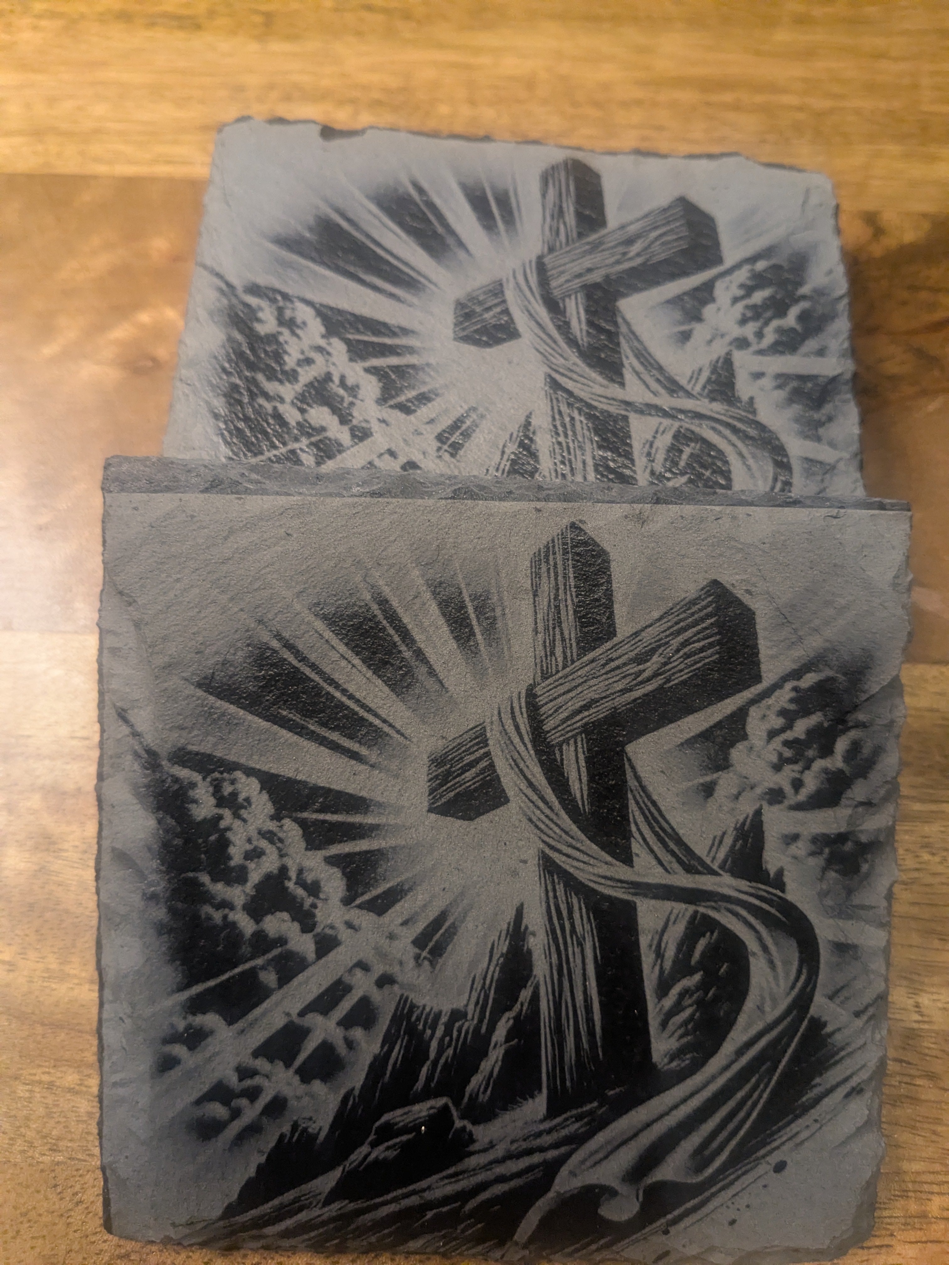 Risen Savior Slate Coaster Set – Laser Engraved Empty Cross & Sunburst Decor