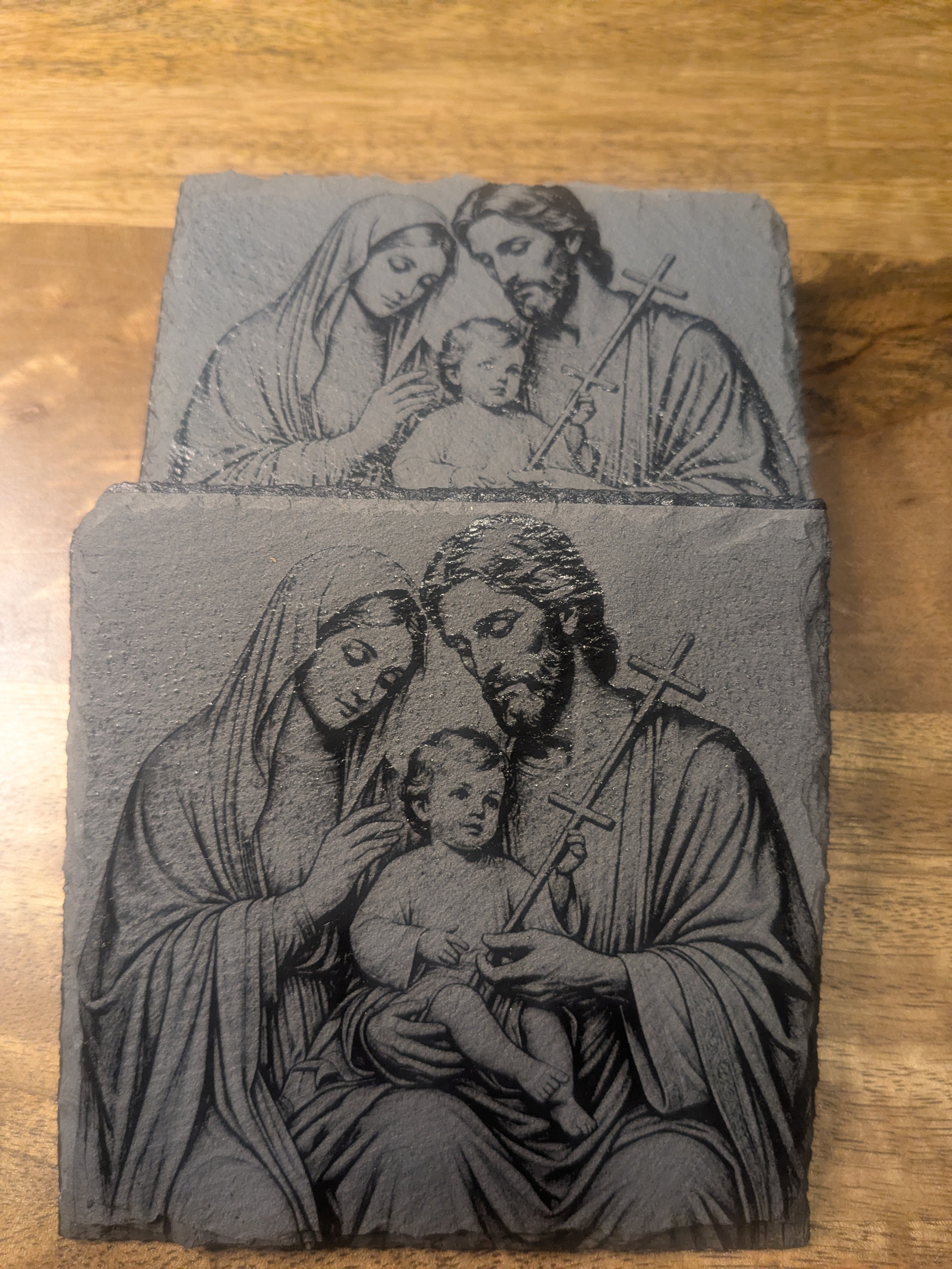 The Holy Family Slate Coaster Set – Laser Engraved Natural Stone Religious Decor