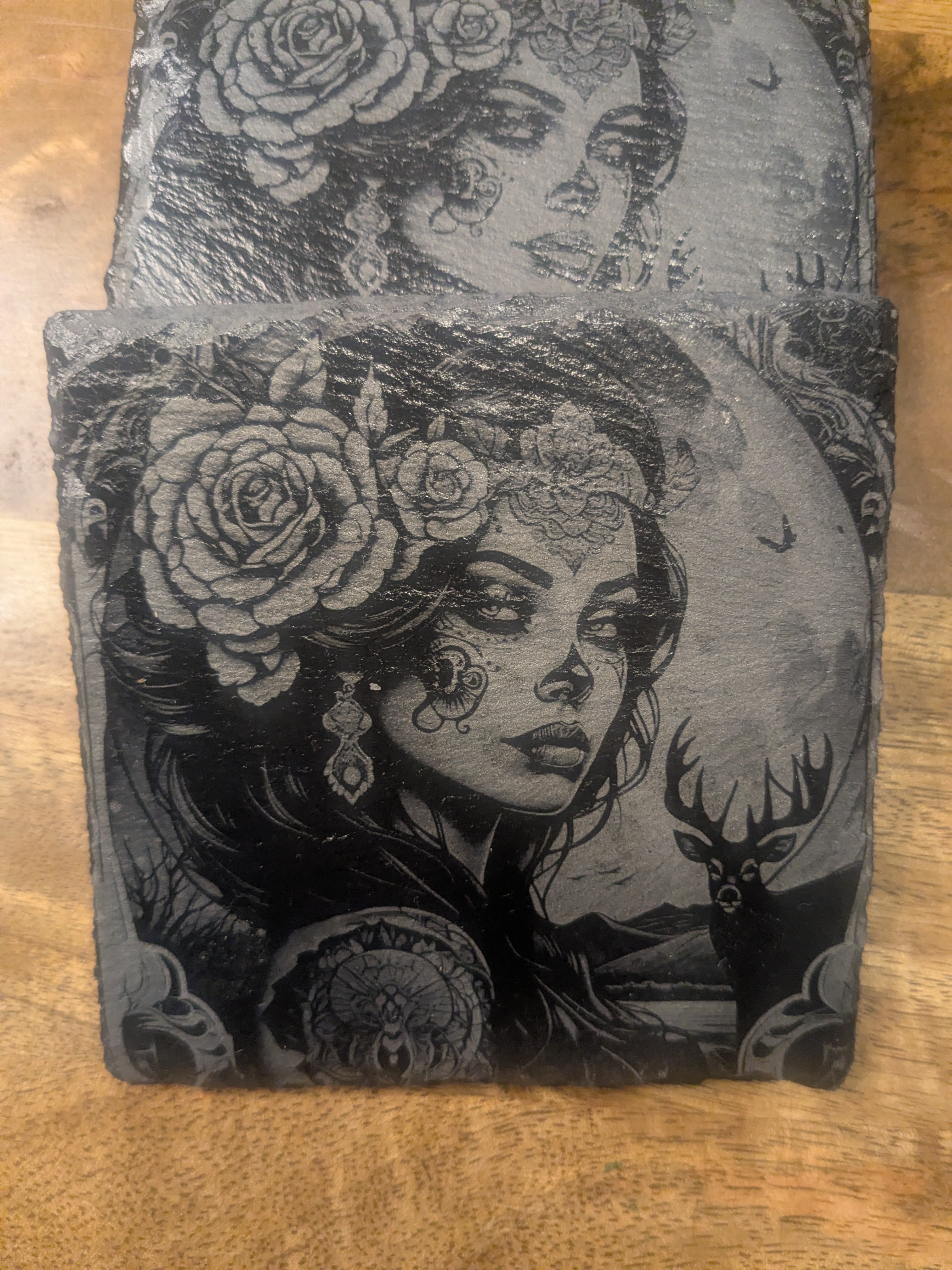 The Midnight Guardian – Etched Slate Calavera Coaster