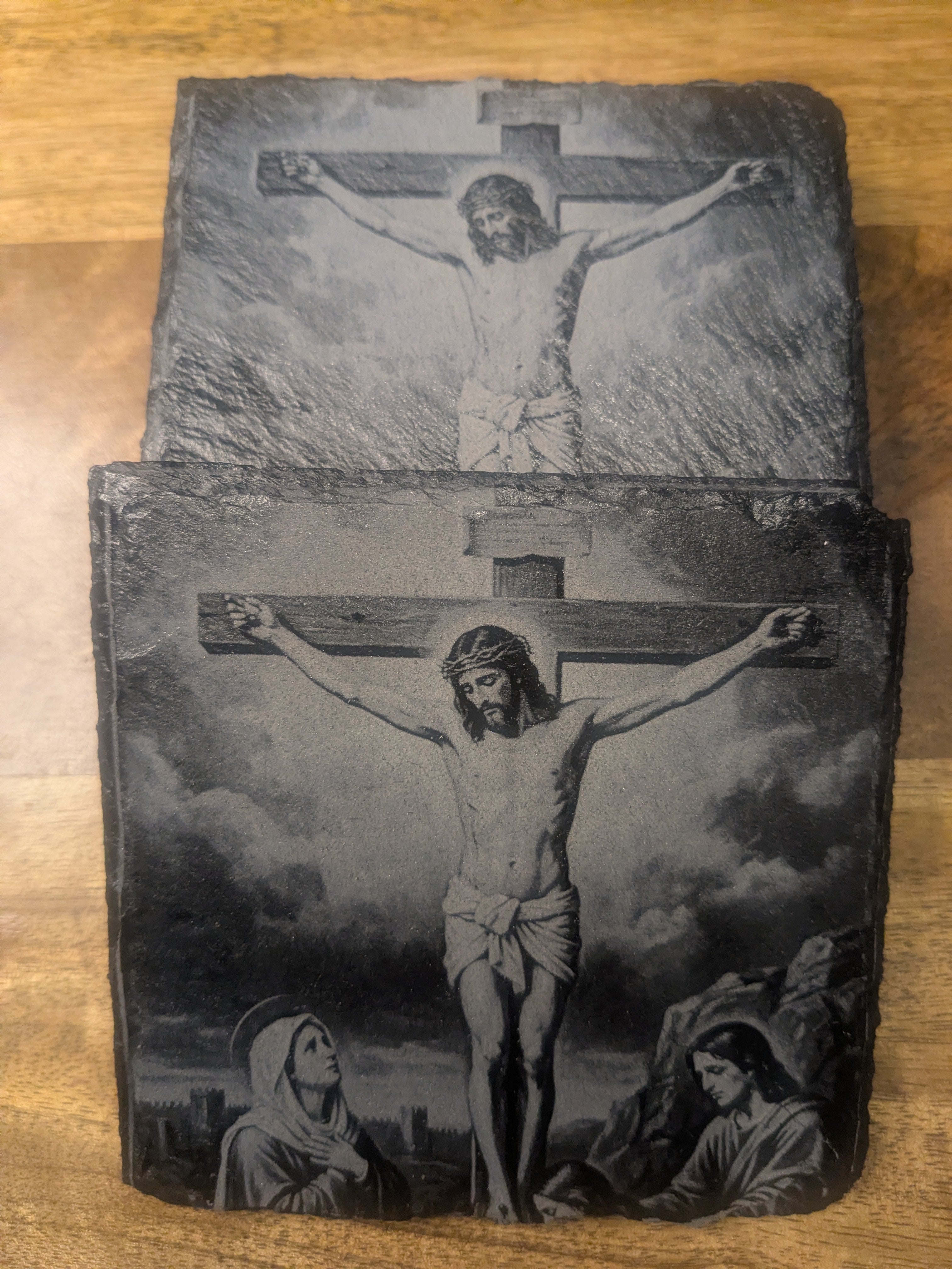 Crucifixion at Calvary Slate Coaster Set – Laser Engraved Sacred Art Stone Decor