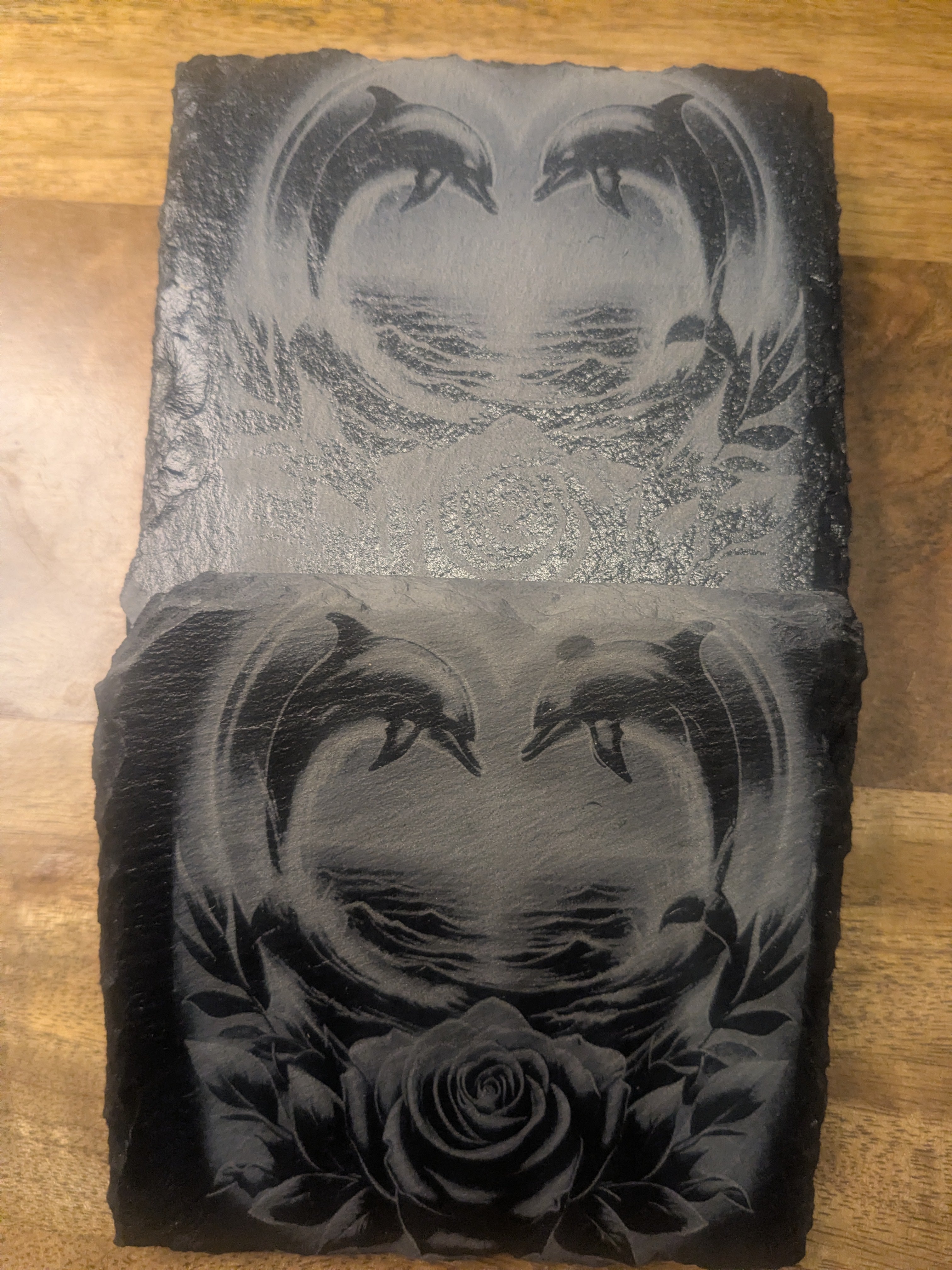 Eternal Ocean Heart – Etched Slate Dolphin Coaster