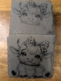 Leopard Bow Baby Highland Cow – Etched Slate Coaster