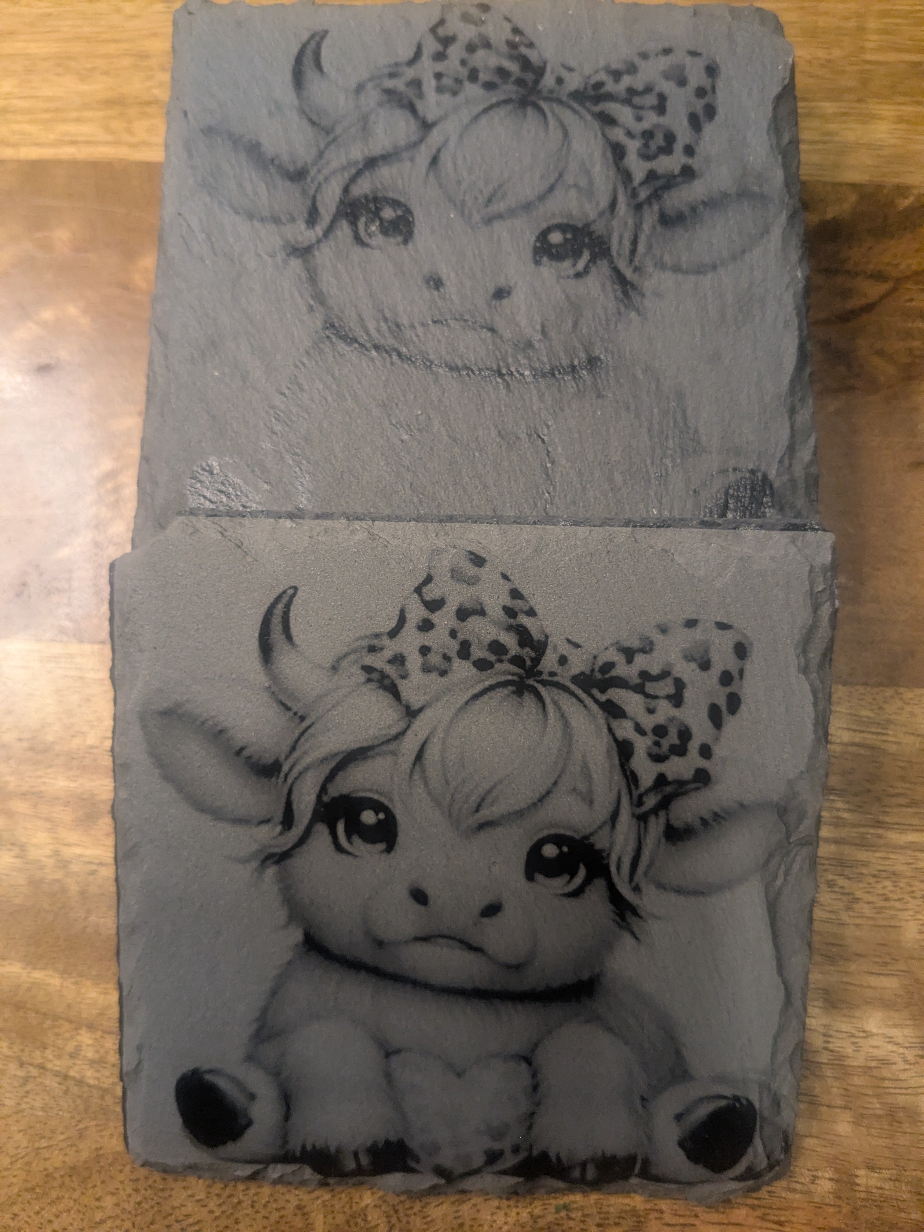 Leopard Bow Baby Highland Cow – Etched Slate Coaster