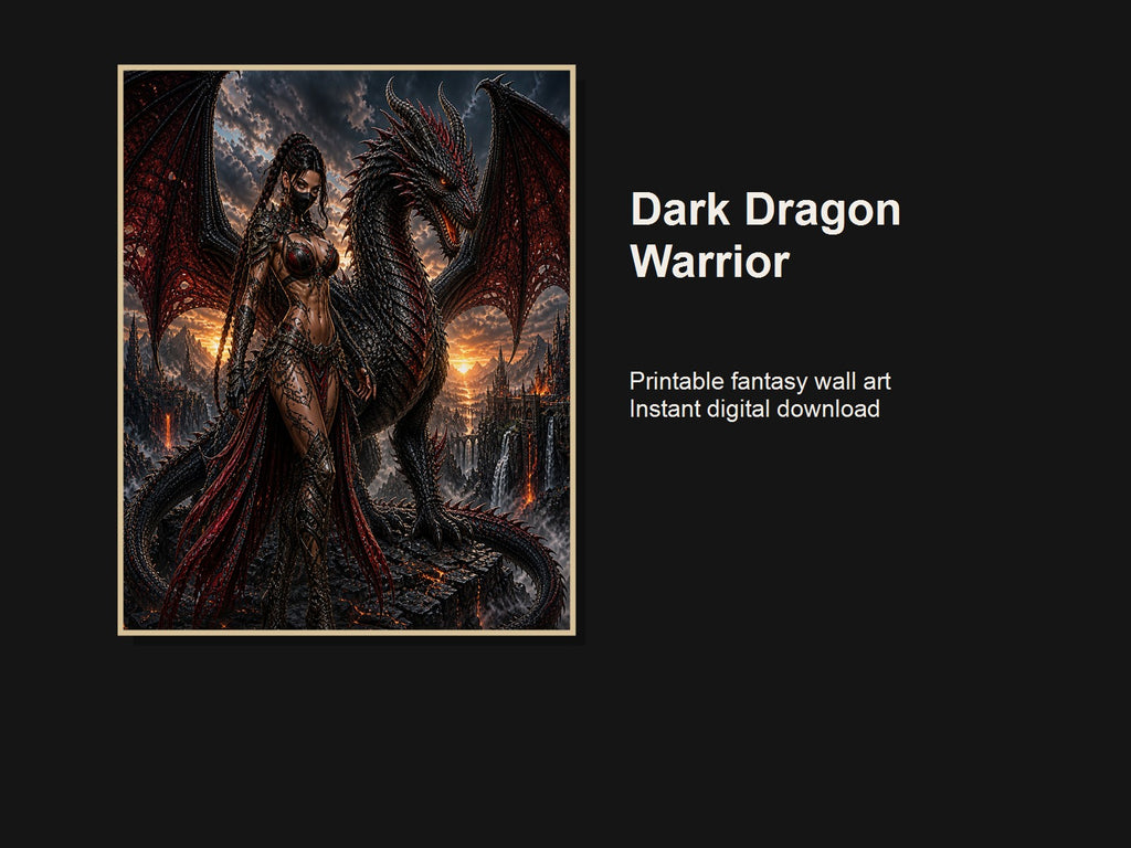 Dark Dragon Warrior Printable Wall Art - Fantasy Digital Download