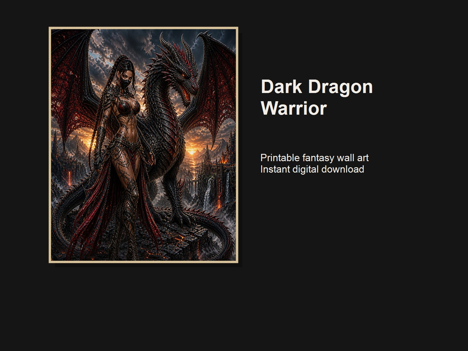 Dark Dragon Warrior Printable Wall Art - Fantasy Digital Download