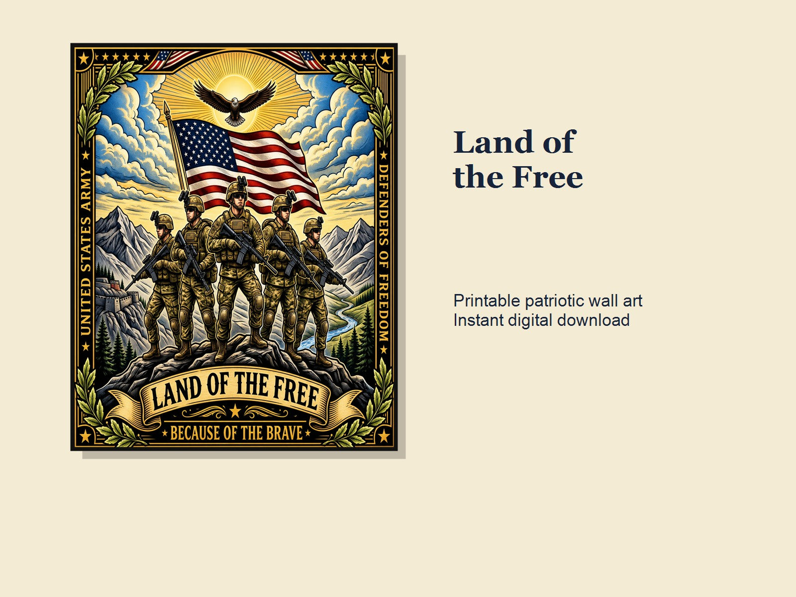 Land of the Free Printable Wall Art - Patriotic Digital Download