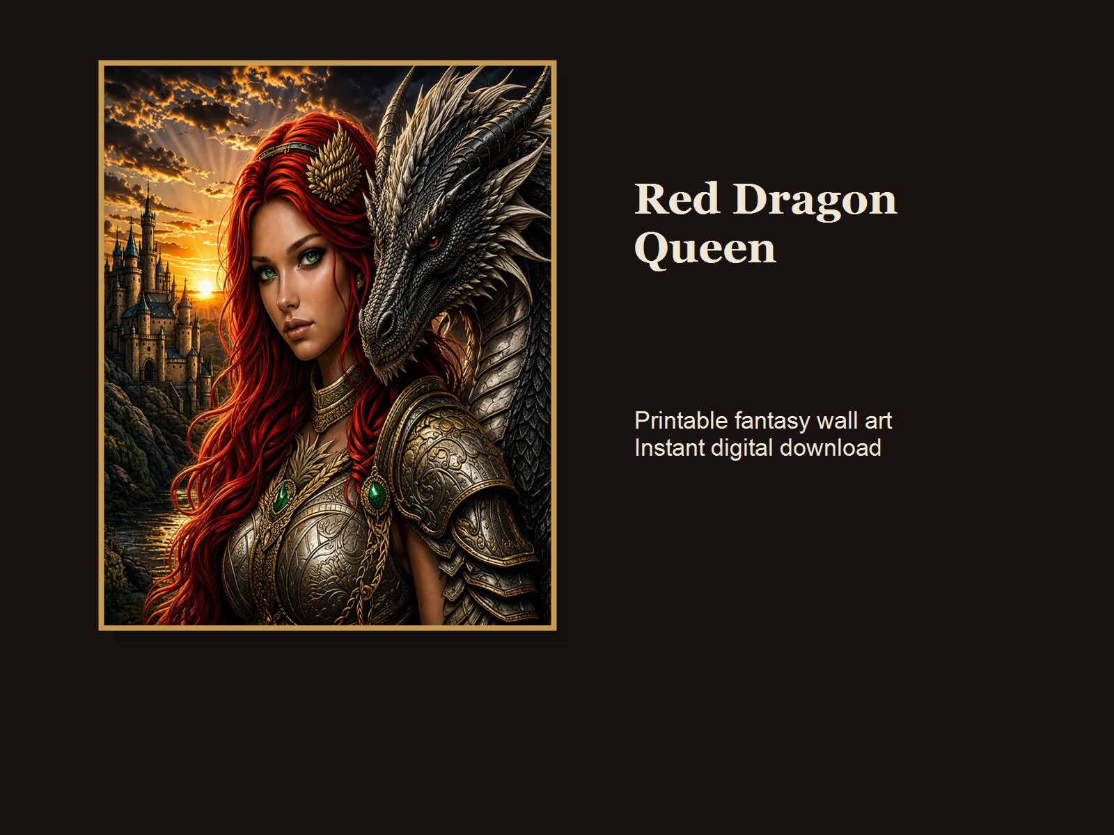 Red Dragon Queen Printable Wall Art - Fantasy Digital Download